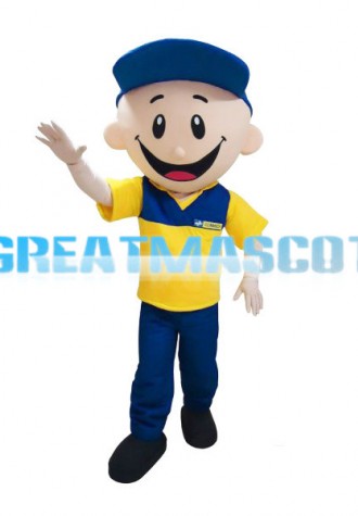 Smiling Boy In Blue Hat Mascot Adult Costume