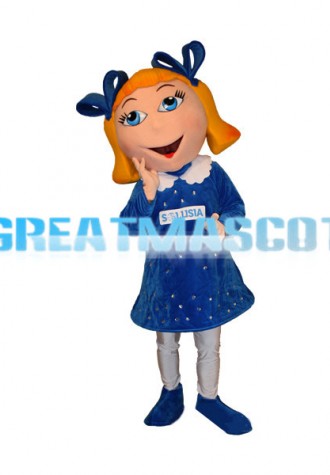Girl In Blue Dress With Ponytail Mascot Adult Costume 