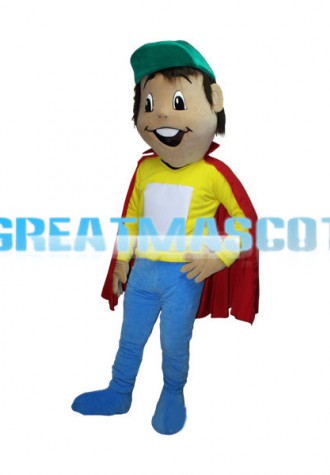 Smiling Boy In A Green Cap Wearing A Red Cloak Mascot Adult Costume 