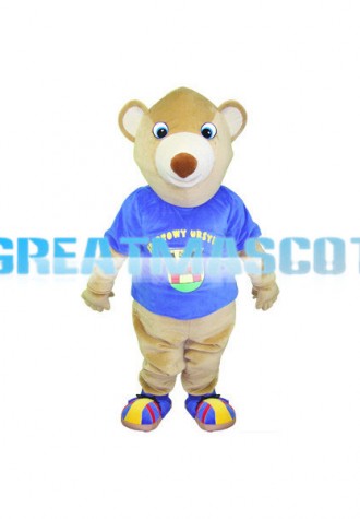 Khaki Bear Wearing Blue Short Sleeves Mascot Adult Costume