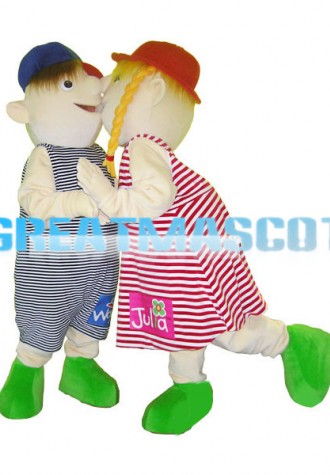 Boy In Blue Hat & Girl In Red Hat Mascot Costume Striped Couple Suit