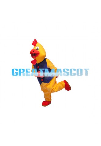 Yellow Rooster In Blue Vest Mascot Costume