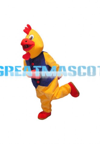 Yellow Rooster In Blue Vest Mascot Costume