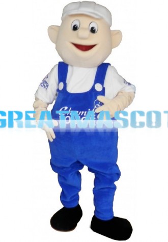 Boy In White Hat And Blue Overalls Mascot Costume 