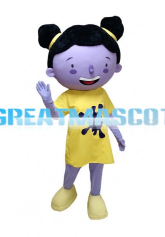 Adult Purple Girl In Yellow Dress Mascot Costume