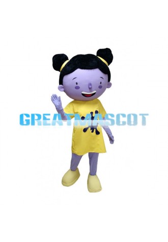 Adult Purple Girl In Yellow Dress Mascot Costume