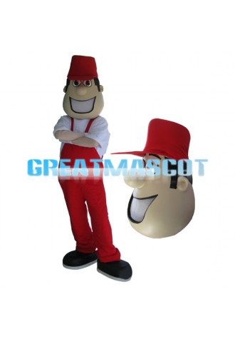 Young Man Dressed In Red With A Cap Mascot Costume