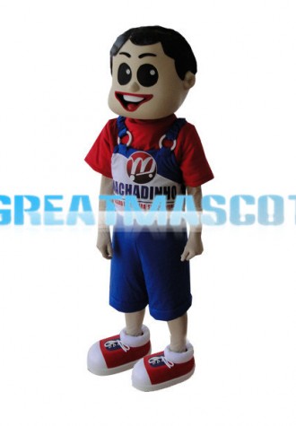 Boy Wearing Blue Overalls Mascot Costume 