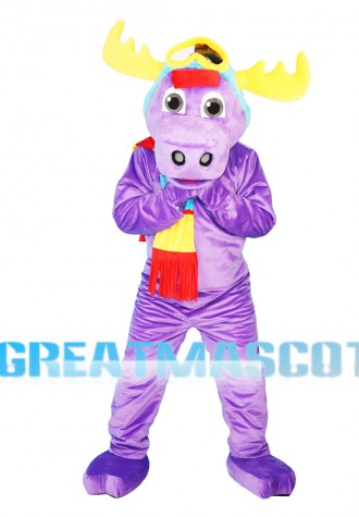 Purple Moose Wearing Colorful Scarf Mascot Costume