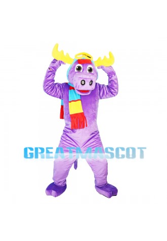 Purple Moose Wearing Colorful Scarf Mascot Costume