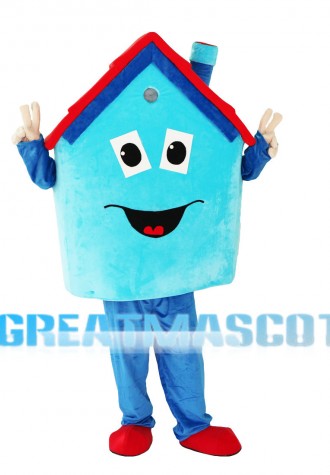 Blue House With Red Roof Mascot Costume