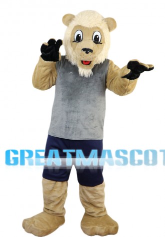 Adult Lion Wearing Gray Vest Mascot Costume