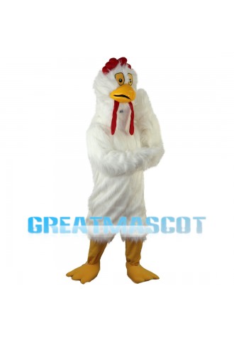 Thinking White Long Fur Chicken Mascot Costume