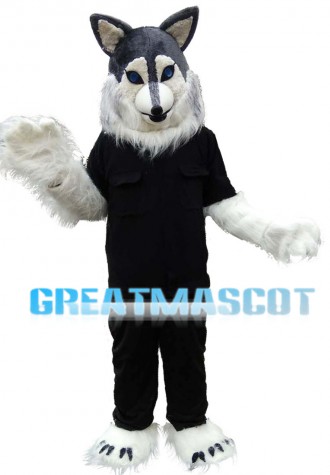 Long Fur White Wolf In Black Set Mascot Costume