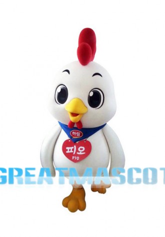 Cartoon White Chicken With Blue Scarf Mascot Costume