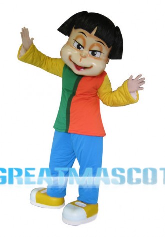 Short Hair Girl Wearing Colorful Set Mascot Costume