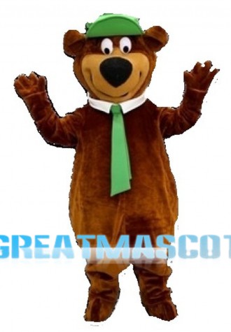 Happy Brown Bear With Green Tie And Cap Mascot Costume