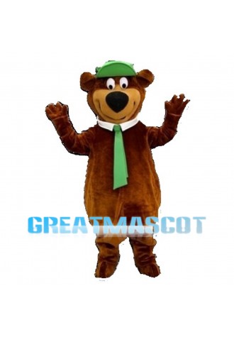 Happy Brown Bear With Green Tie And Cap Mascot Costume