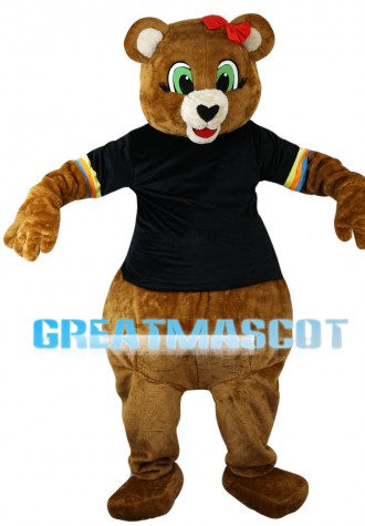 Green Eyes Bear With Pink Bow Mascot Costume