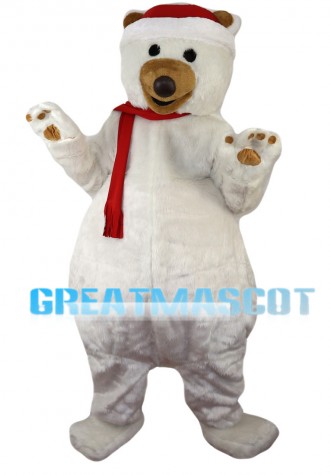 Mediocre White Bear With Red Scarf Mascot Costume