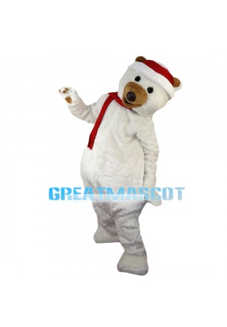 Mediocre White Bear With Red Scarf Mascot Costume