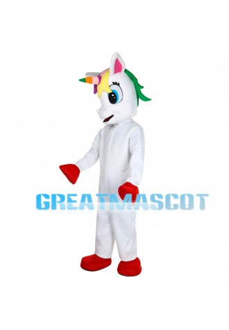 Red Hoofs Horse With Colorful Horn Mascot Costume