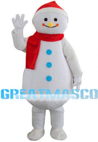 Beckoning Snowman With Red Scarf Mascot Costume