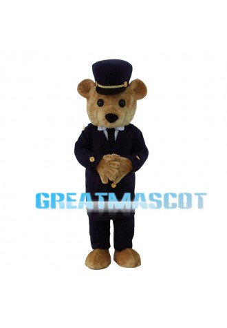 Brown Bear With Black Suit And Hat Mascot Costume