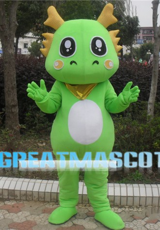 Green Dragon With Golden Scarf Mascot Costume