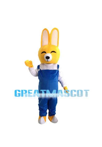 Yellow Rabbit In Blue Rompers Mascot Costume