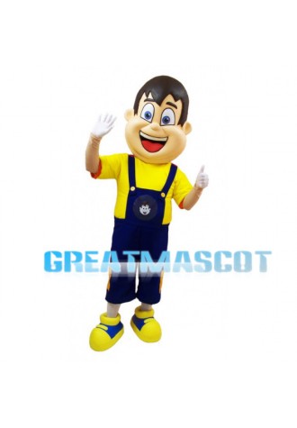 Young Man Mascot Costume Wearing Blue Overalls