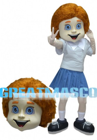 Smiling Girl Mascot Costume Wearing A Pleated Skirt