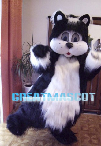 Cute Black & White Dog Long Fur Mascot Costume