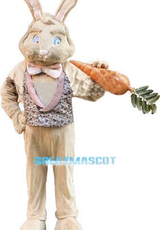 Brown Easter Bunny Mascot Costume Wearing Leopard Vest	