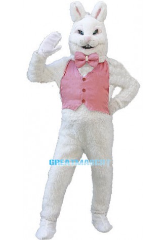 White Easter Bunny Plush Mascot Costume Wearing Pink Vest	