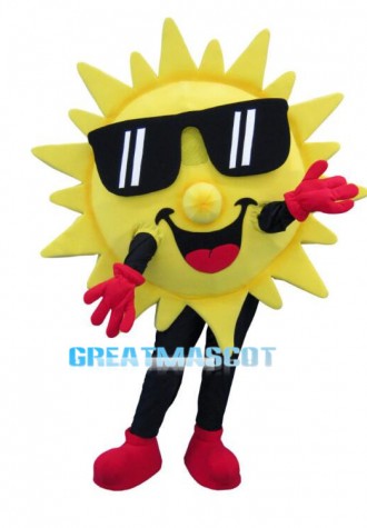 Smiling Cartoon Sun Mascot Costume With Sunglasses