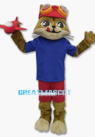 Lovely Brown Cat Aviator Mascot Costume With Red Airplane Model