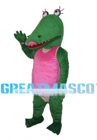 Green Crocodile With Pink Vest Mascot Costume
