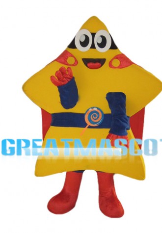 Yellow Star Mascot Costume Tied With Blue Belt