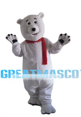 Kind Polar Bear With Red Scarf Mascot Costume