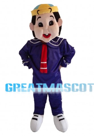 Big Face Boy Wearing Blue Sailor Suit Mascot Costume