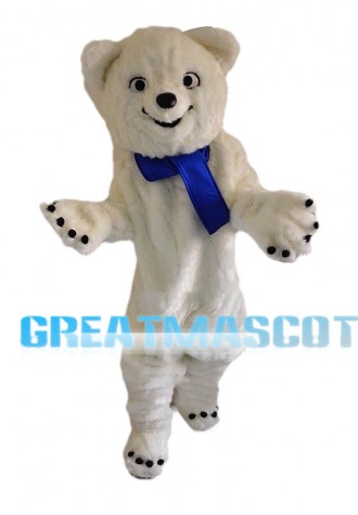 White Bear Wearing Blue Scarf Mascot Costume
