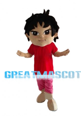Black Hair Boy With Red Top Mascot Costume