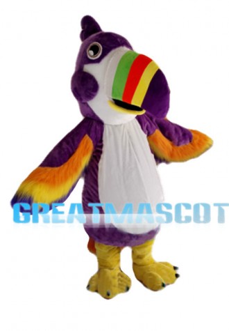 Purple Parrot With Multicolored Beak Mascot Costume
