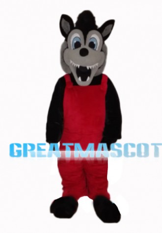 Grey Wolf In Red Overalls Mascot Costume