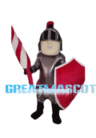 Iron Armor Soilder Holding Red Shield Mascot Costume