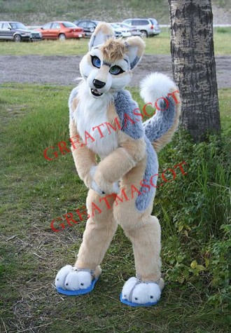 Friendly Brown & Gray Husky Dog Mascot Costume