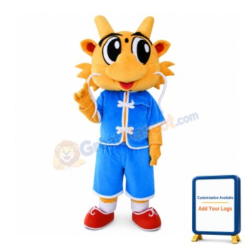 Adult Cute Orange Dragon With Blue Suit Mascot Costume