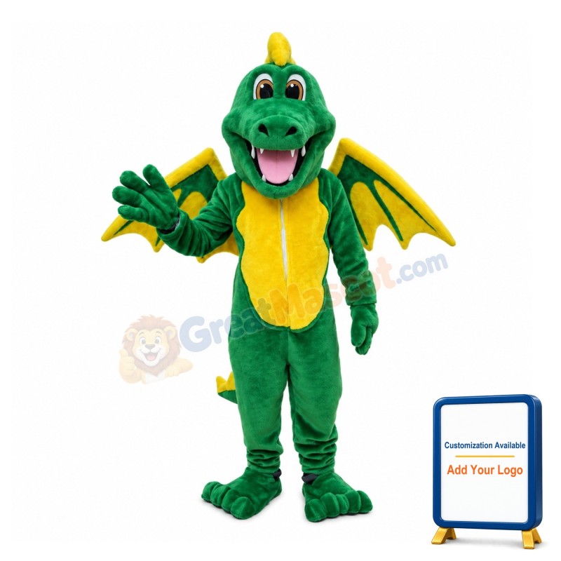 Smiling Green & Yellow Dinosaur With Wings Mascot Costume