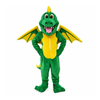 Smiling Green & Yellow Dinosaur With Wings Mascot Costume